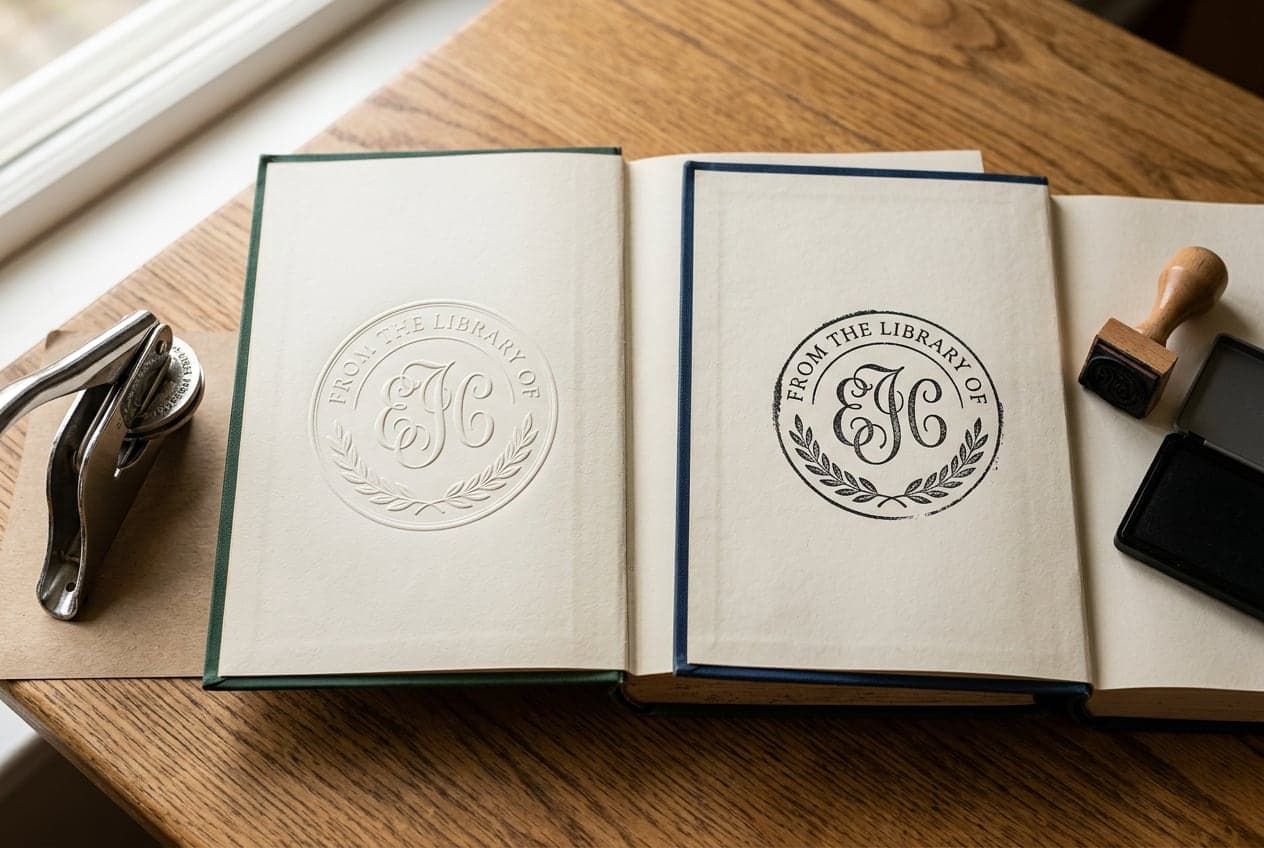 Book embosser vs ink stamp side by side: a raised, ink-free embossed monogram seal in one book and the same design printed in black ink in another