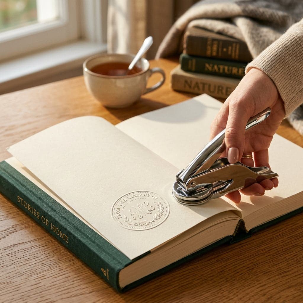 Using a chrome personalised book embosser to add a raised 'From the library of' monogram seal to the first page of a hardback book