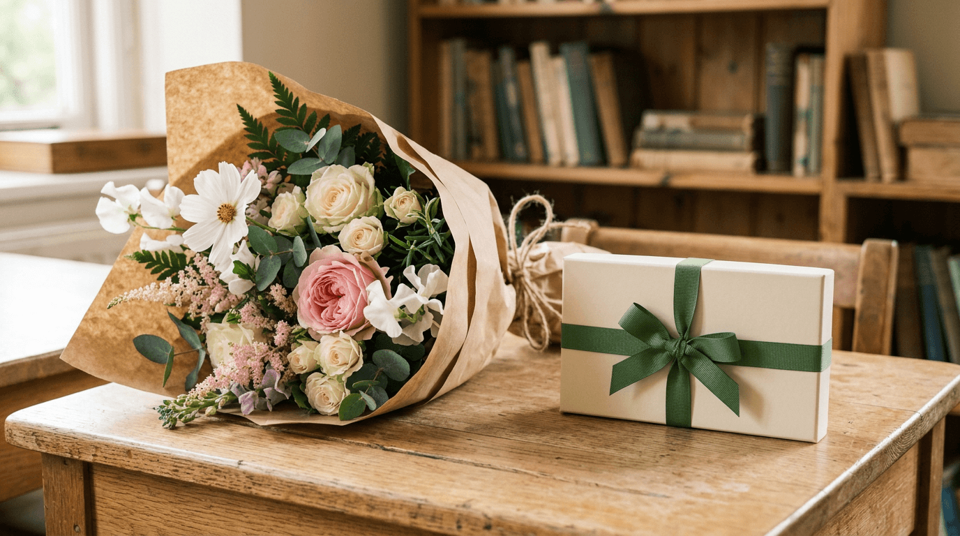 A bouquet of garden flowers and a box of chocolates as a teacher thank-you gift