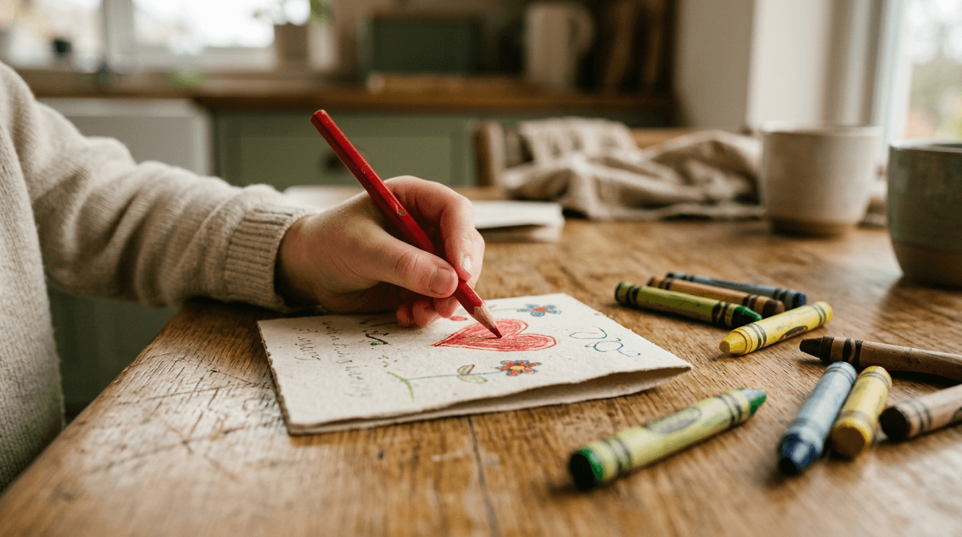 A child drawing on a handwritten thank-you card for their teacher