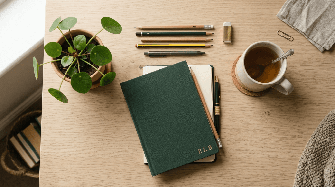 A green personalised hardback notebook and a mug on a teacher's desk