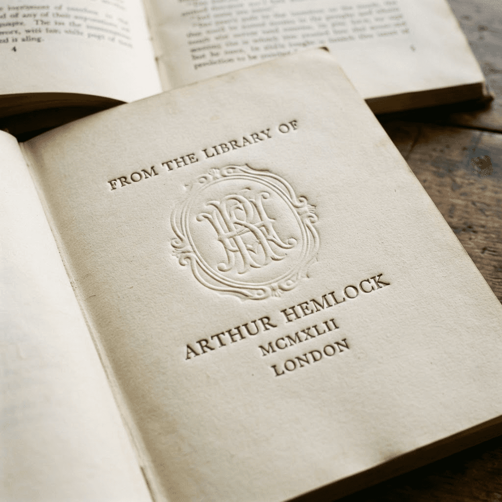 A raised, ink-free embossed impression on the first page of a book