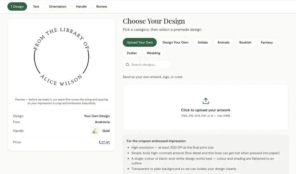 The embosser builder: uploading a monogram file and adding From the Library of text around it